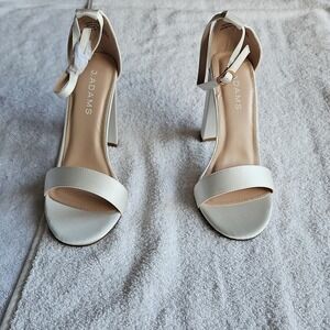 J. Adams White Satin Strappy Block Heel Ankle Strap Open Toe Buckle Size 8